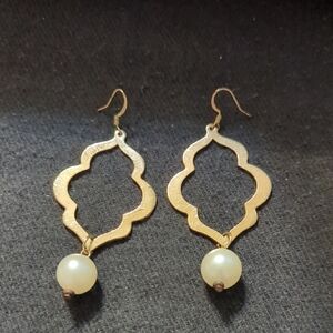 Gold Tone White Faux Pearl Drop Dangle Statement Earrings